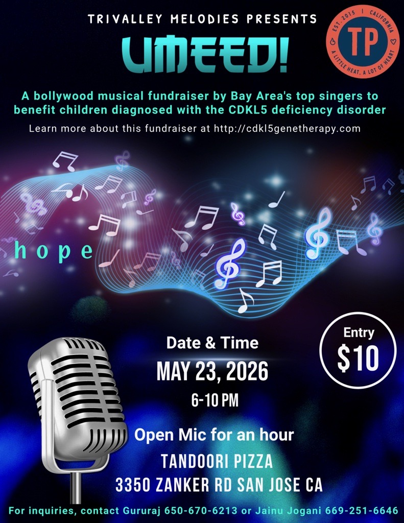 UMEED! Bollywood Musical Fundraiser flyer &mdash; May 23, 2026 at Tandoori Pizza, San Jose